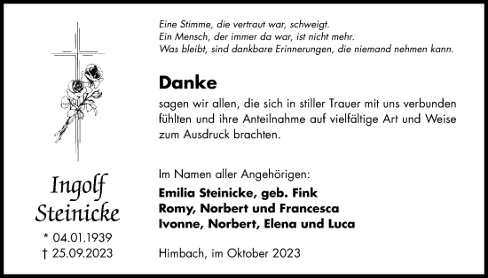 Traueranzeige von Ingolf Steinicke von Kreis-Anzeiger