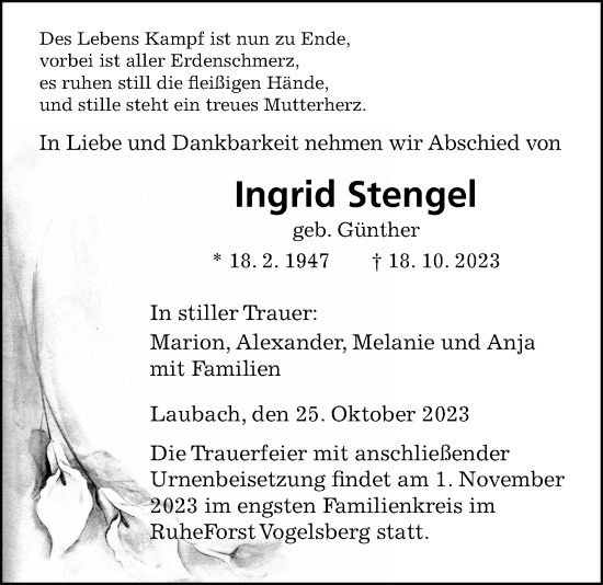 Traueranzeige von Ingrid Stengel von Laubacher Anzeiger, Laubacher Anzeiger