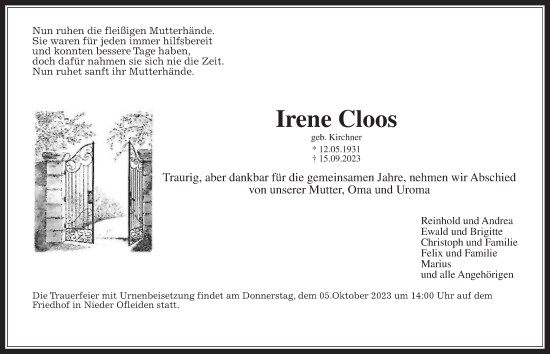 Traueranzeige von Irene Cloos von Alsfelder Allgemeine