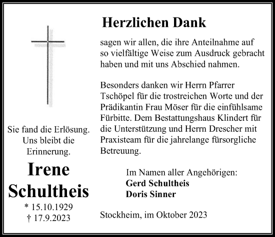 Traueranzeige von Irene Schultheis von Kreis-Anzeiger