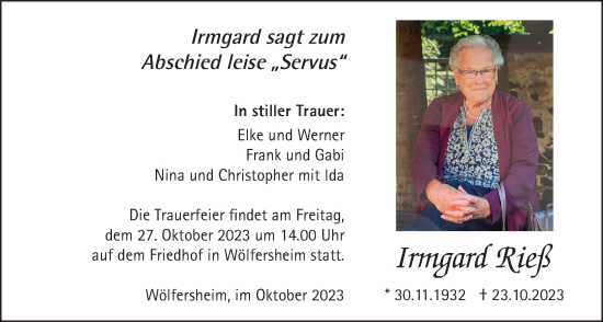 Traueranzeige von Irmgard Rieß von Wetterauer Zeitung