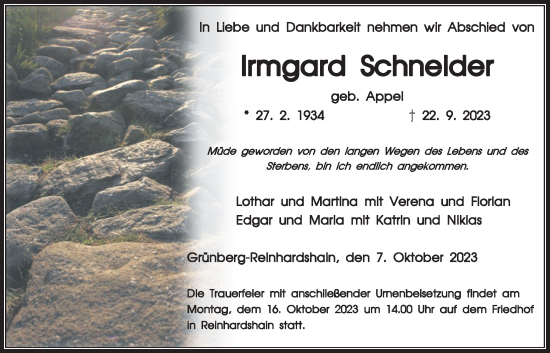 Traueranzeige von Irmgard Schneider von Giessener Allgemeine, Alsfelder Allgemeine