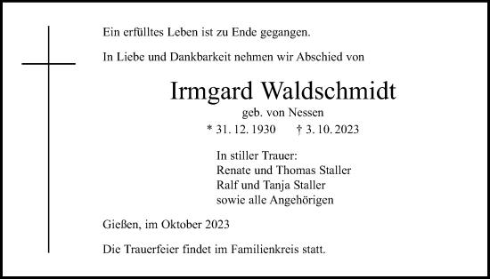 Traueranzeige von Irmgard Waldschmidt von Giessener Allgemeine, Alsfelder Allgemeine
