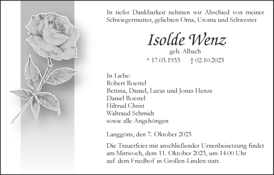 Traueranzeige von Isolde Wenz von Giessener Allgemeine, Alsfelder Allgemeine