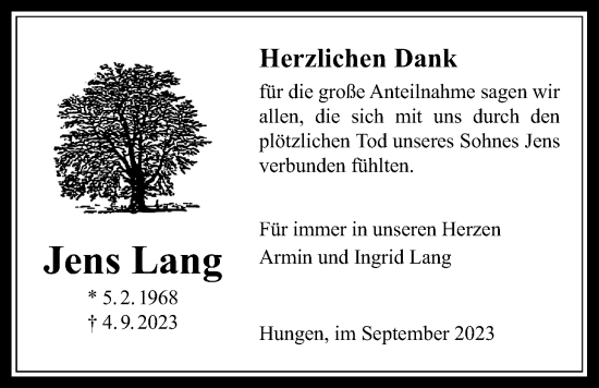 Traueranzeige von Jens Lang von Licher Wochenblatt, Licher Wochenblatt