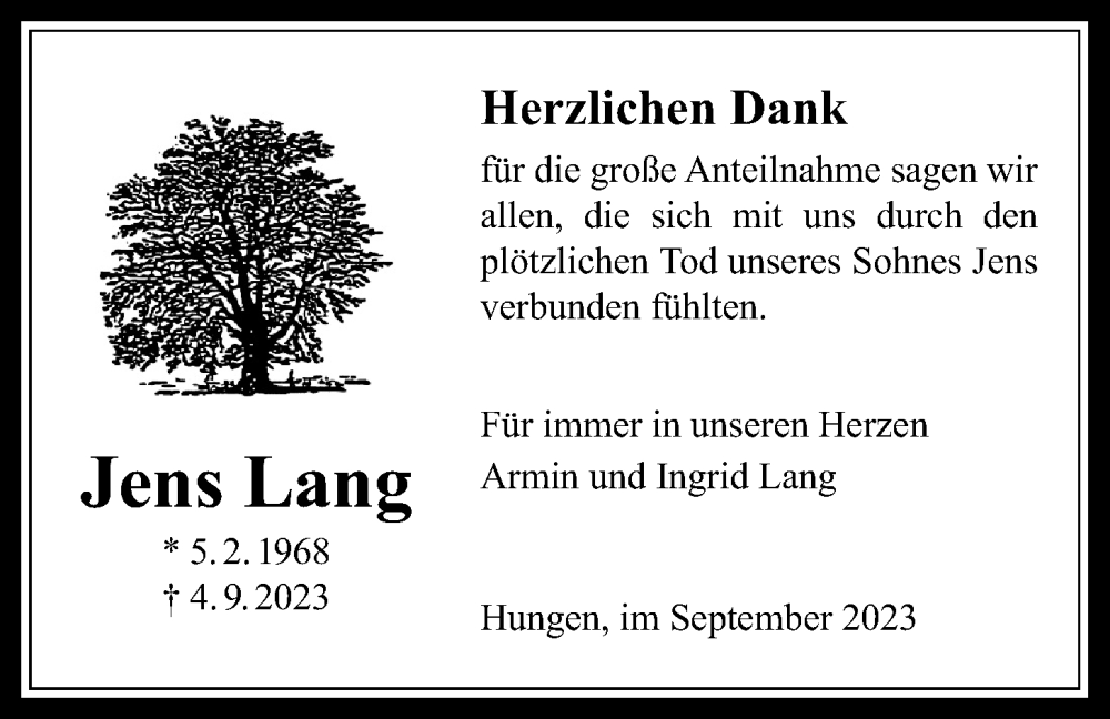 Traueranzeige für Jens Lang vom 12.10.2023 aus Licher Wochenblatt, Licher Wochenblatt