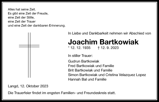 Traueranzeige von Joachim Bartkowiak von Licher Wochenblatt, Licher Wochenblatt