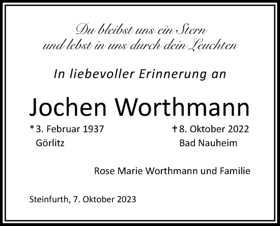 Traueranzeige von Jochen Worthmann von Wetterauer Zeitung