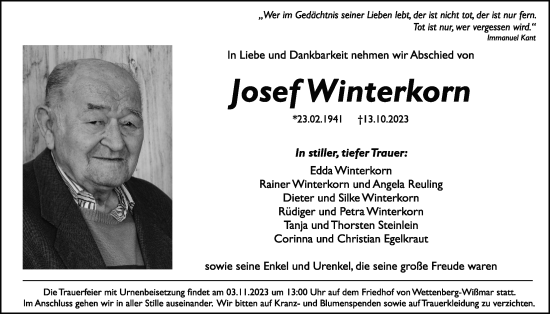Traueranzeige von Josef Winterkorn von Giessener Allgemeine, Alsfelder Allgemeine, Giessener Anzeiger