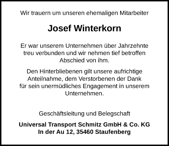 Traueranzeige von Josef Winterkorn von Giessener Allgemeine, Alsfelder Allgemeine, Giessener Anzeiger