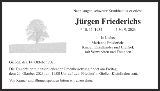 Traueranzeige von Jürgen Friedrichs von Giessener Anzeiger
