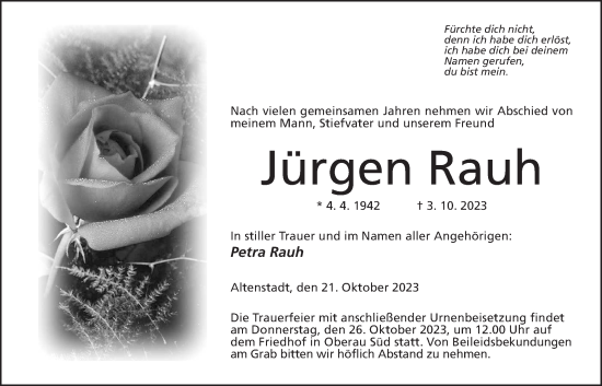 Traueranzeige von Jürgen Rauh von Kreis-Anzeiger