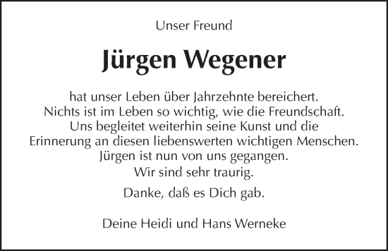 Traueranzeige von Jürgen Wegener von Wetterauer Zeitung