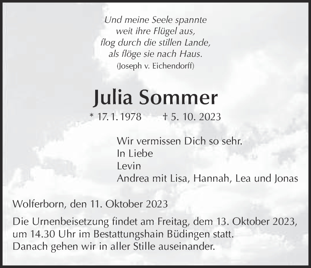  Traueranzeige für Julia Sommer vom 11.10.2023 aus Kreis-Anzeiger