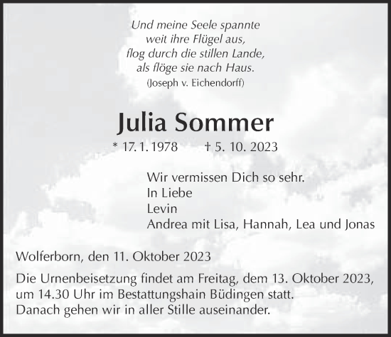 Traueranzeige von Julia Sommer von Kreis-Anzeiger