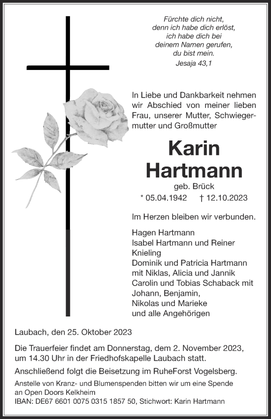 Traueranzeige von Karin Hartmann von Laubacher Anzeiger, Laubacher Anzeiger