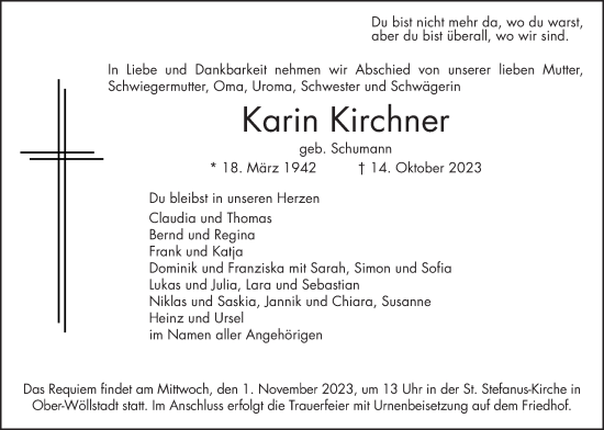 Traueranzeige von Karin Kirchner von Wetterauer Zeitung