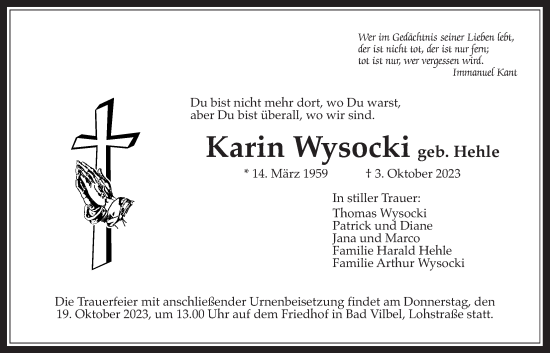Traueranzeige von Karin Wysocki von Bad Vilbel/Karben