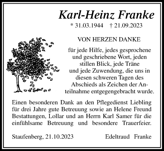 Traueranzeige von Karl-Heinz Franke von Giessener Allgemeine, Alsfelder Allgemeine