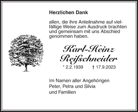 Traueranzeige von Karl-Heinz Reifschneider von Kreis-Anzeiger