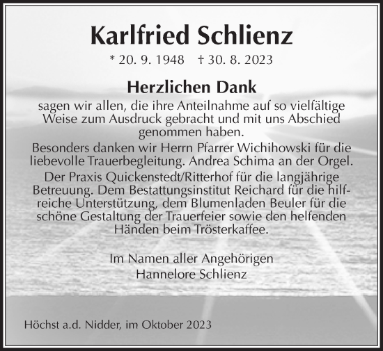 Traueranzeige von Karlfried Schlienz von Kreis-Anzeiger
