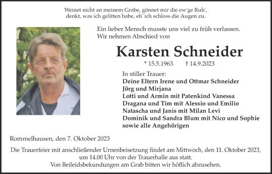 Traueranzeige von Karsten Schneider von Kreis-Anzeiger