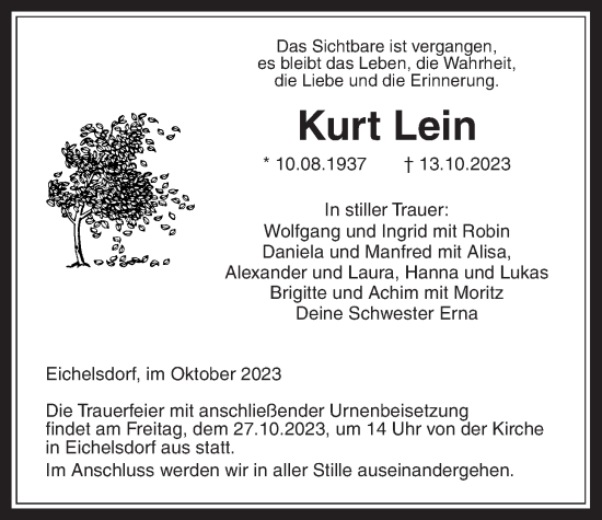 Traueranzeige von Kurt Lein von Kreis-Anzeiger
