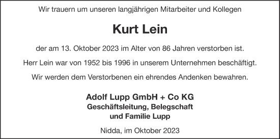 Traueranzeige von Kurt Lein von Kreis-Anzeiger
