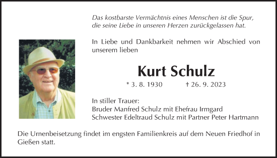 Traueranzeige von Kurt Schulz von Giessener Anzeiger, Giessener Allgemeine, Alsfelder Allgemeine