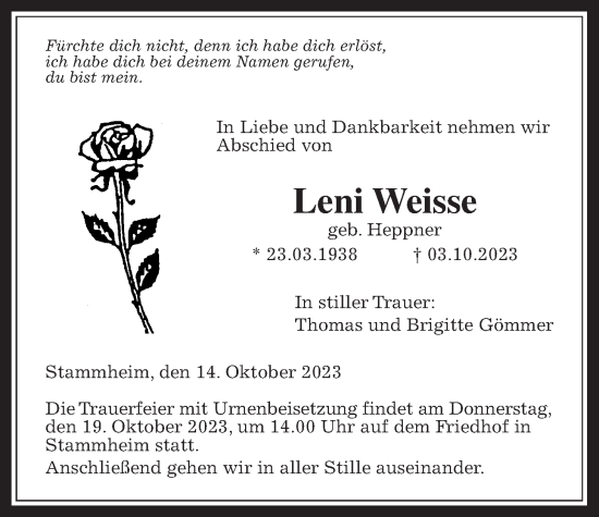 Traueranzeige von Leni Weisse von Wetterauer Zeitung