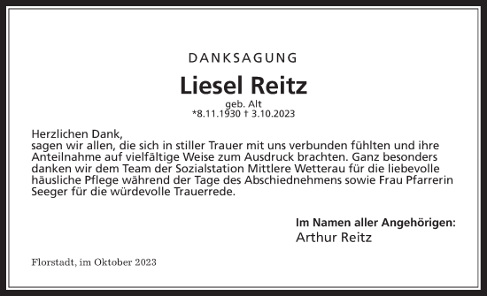 Traueranzeige von Liesel Reitz von Wetterauer Zeitung