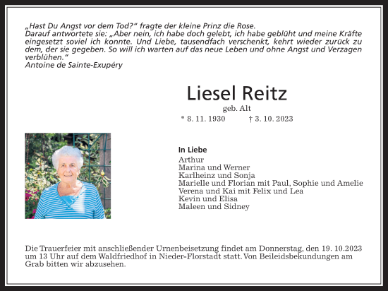 Traueranzeige von Liesel Reitz von Wetterauer Zeitung