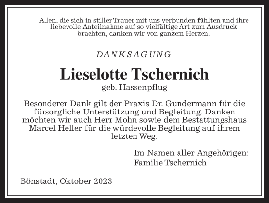 Traueranzeige von Lieselotte Tschernich von Wetterauer Zeitung