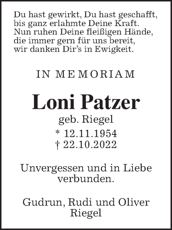 Traueranzeige von Loni Patzer von Giessener Allgemeine, Alsfelder Allgemeine