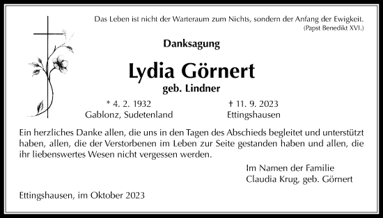 Traueranzeige von Lydia Görnert von Licher Wochenblatt