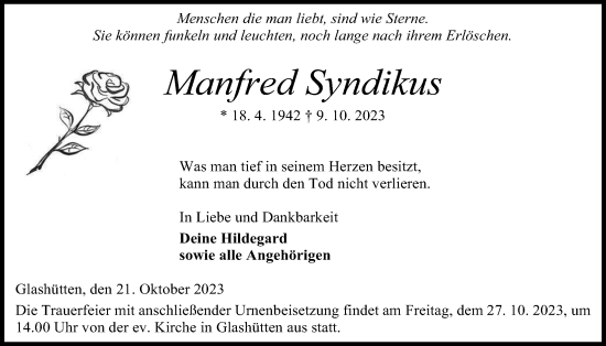 Traueranzeige von Manfred Syndikus von Kreis-Anzeiger