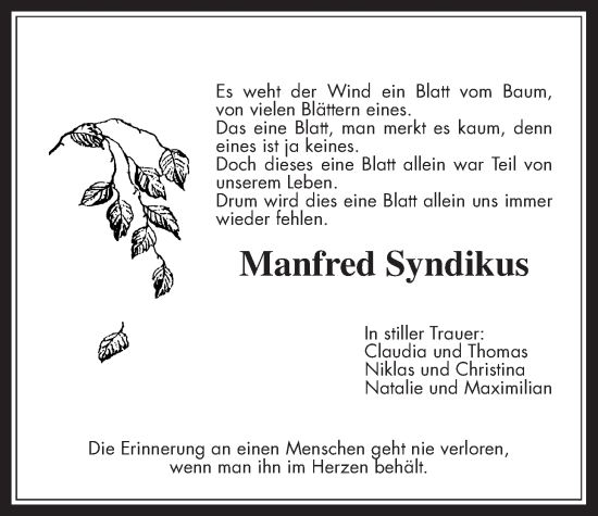 Traueranzeige von Manfred Syndikus von Kreis-Anzeiger