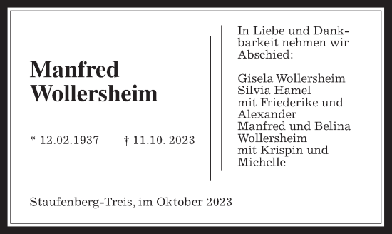 Traueranzeige von Manfred Wollersheim von Giessener Allgemeine, Alsfelder Allgemeine