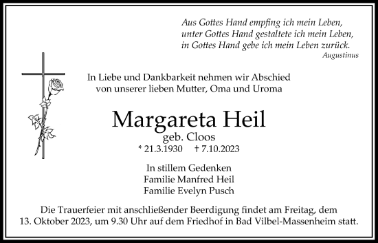 Traueranzeige von Margareta Heil von Bad Vilbel/Karben