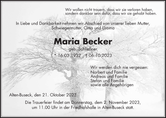 Traueranzeige von Maria Becker von Giessener Allgemeine, Alsfelder Allgemeine, Giessener Anzeiger