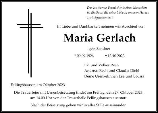 Traueranzeige von Maria Gerlach von Giessener Allgemeine, Alsfelder Allgemeine, Giessener Anzeiger