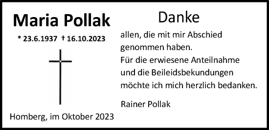 Traueranzeige von Maria Pollak von Alsfelder Allgemeine