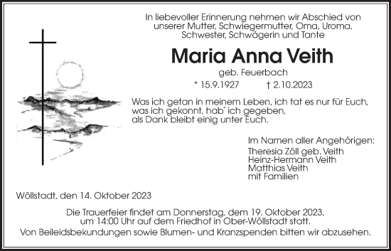 Traueranzeige von Maria Anna Veith von Wetterauer Zeitung
