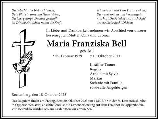 Traueranzeige von Maria Franziska Bell von Wetterauer Zeitung