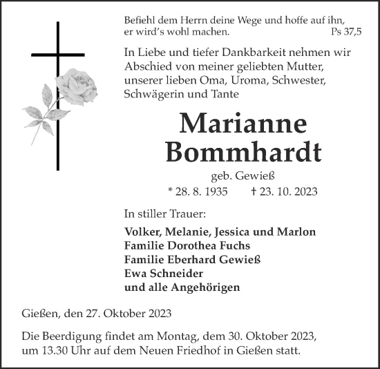 Traueranzeige von Marianne Bommhardt von Giessener Anzeiger