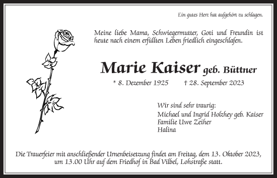 Traueranzeige von Marie Kaiser von Bad Vilbel/Karben