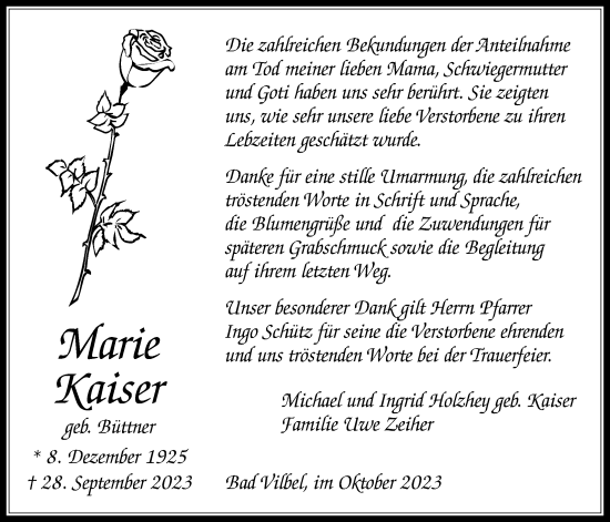 Traueranzeige von Marie Kaiser von Bad Vilbel/Karben
