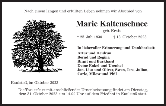 Traueranzeige von Marie Kaltenschnee von Kreis-Anzeiger