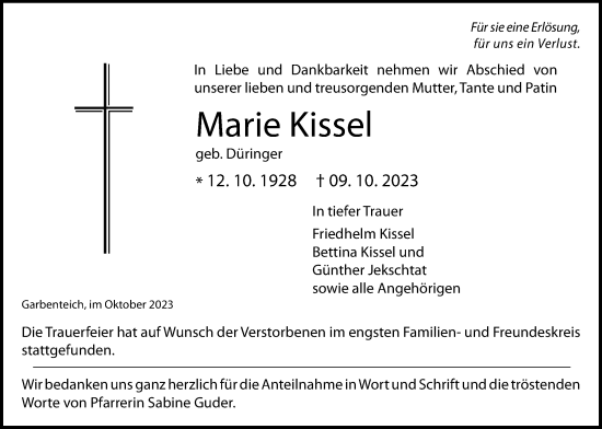 Traueranzeige von Marie Kissel von Giessener Allgemeine, Alsfelder Allgemeine, Giessener Anzeiger