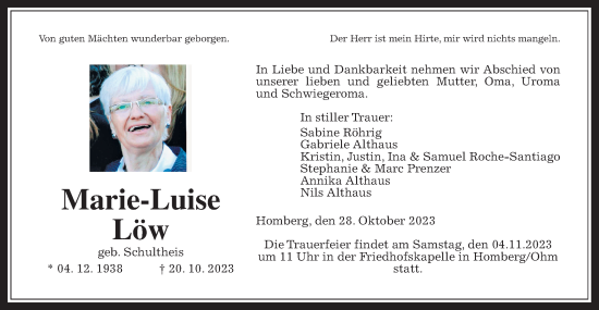 Traueranzeige von Marie-Luise Löw von Alsfelder Allgemeine